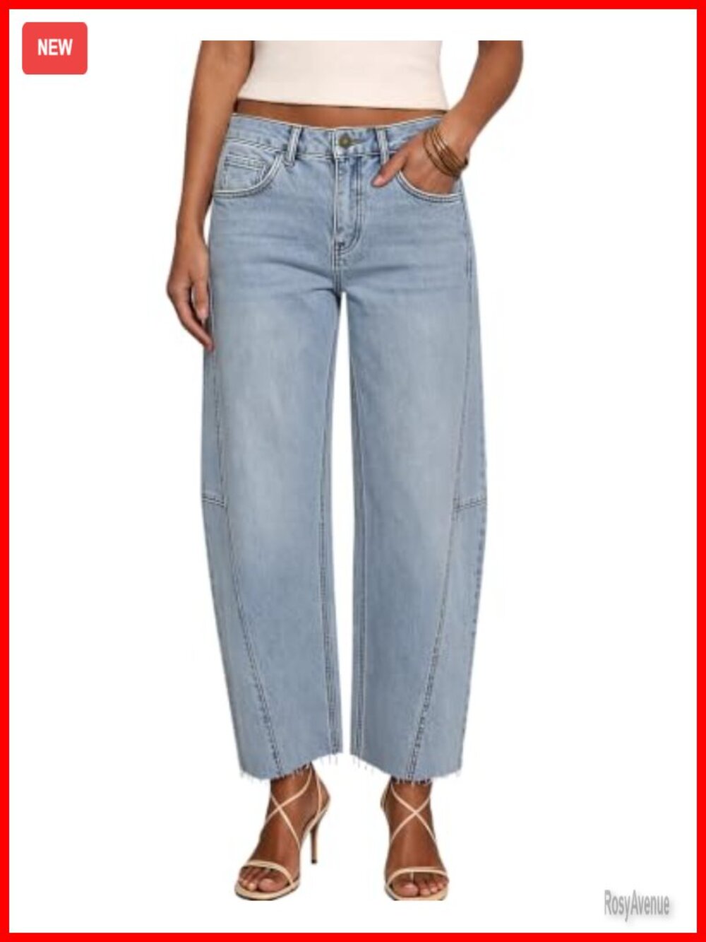 Women's Barrel Jeans Mid Rise Wide Leg Stretch Denim Raw Hem